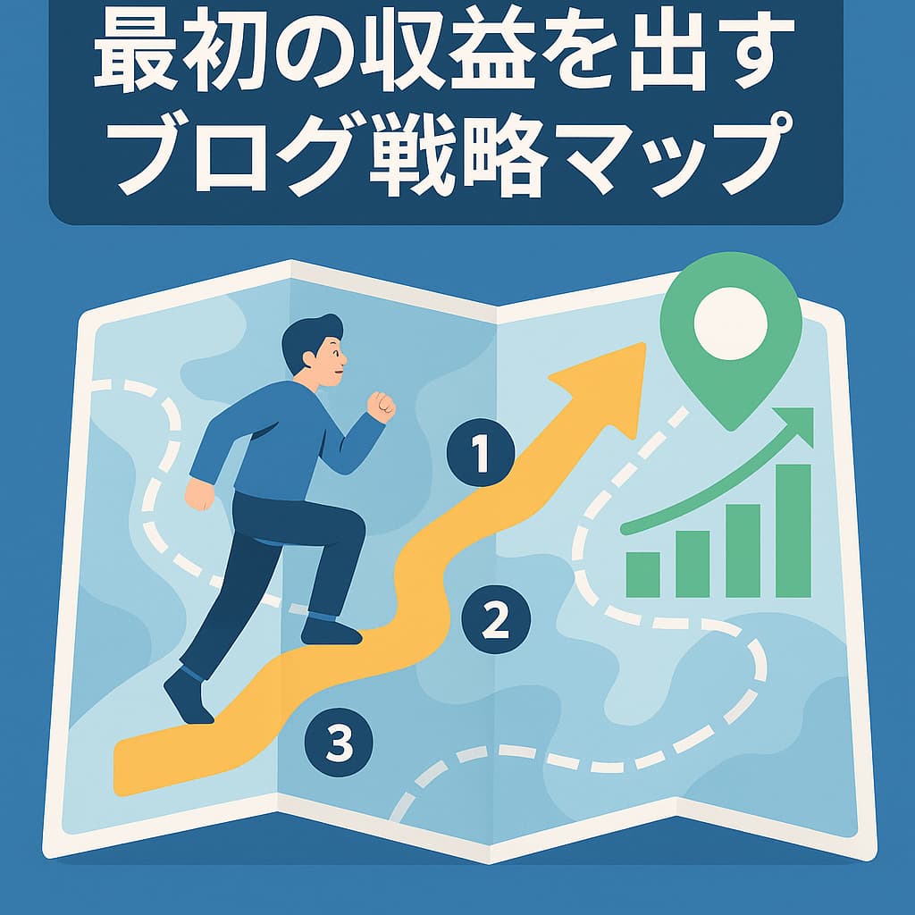 ブログ初心者向けの収益化マップとアフィリエイト戦略を表現した画像（地図・道・成長イメージなど）